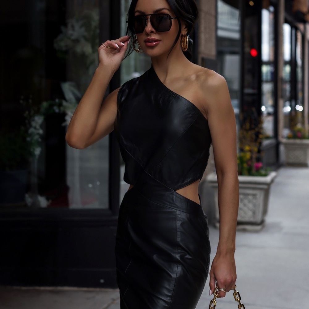 Karen Millen Black Leather One Shoulder Cut Out Midi Dress  - Size: 2